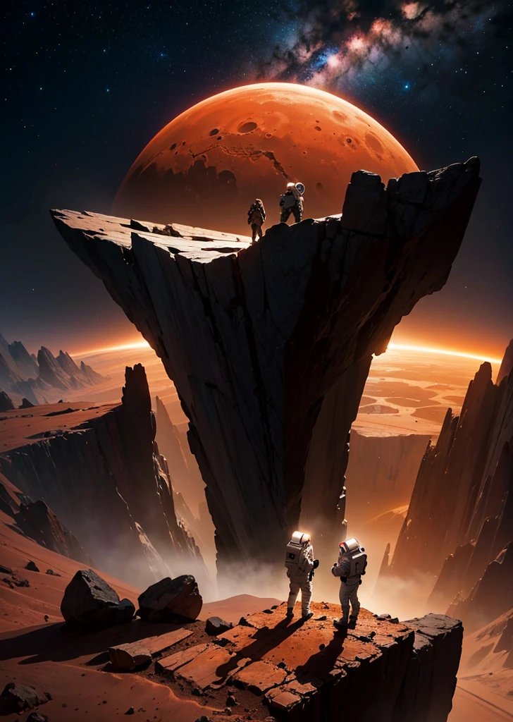 Create a breathtaking painting of an astronaut standing on the rugged surface of Mars. The scene is set at night, under a sky filled with countless stars that cast a subtle glow on the Martian landscape. The astronaut is positioned near the edge of a colossal abyss, a vast and deep chasm that slices through the red terrain, evoking a sense of awe and mystery. The abyss's edges are jagged and shadowy, adding depth and drama to the scene. The astronaut gazes into the abyss, illuminated slightly by the distant starlight, capturing the essence of exploration and the unknown.