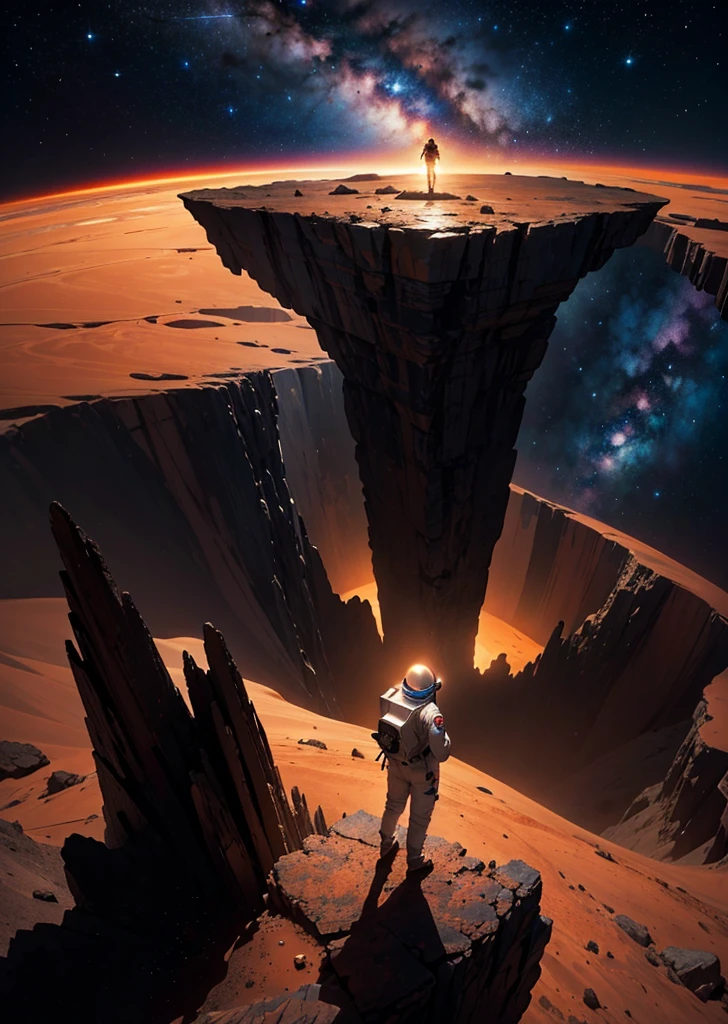 Create a breathtaking painting of an astronaut standing on the rugged surface of Mars. The scene is set at night, under a sky filled with countless stars that cast a subtle glow on the Martian landscape. The astronaut is positioned near the edge of a colossal abyss, a vast and deep chasm that slices through the red terrain, evoking a sense of awe and mystery. The abyss's edges are jagged and shadowy, adding depth and drama to the scene. The astronaut gazes into the abyss, illuminated slightly by the distant starlight, capturing the essence of exploration and the unknown.