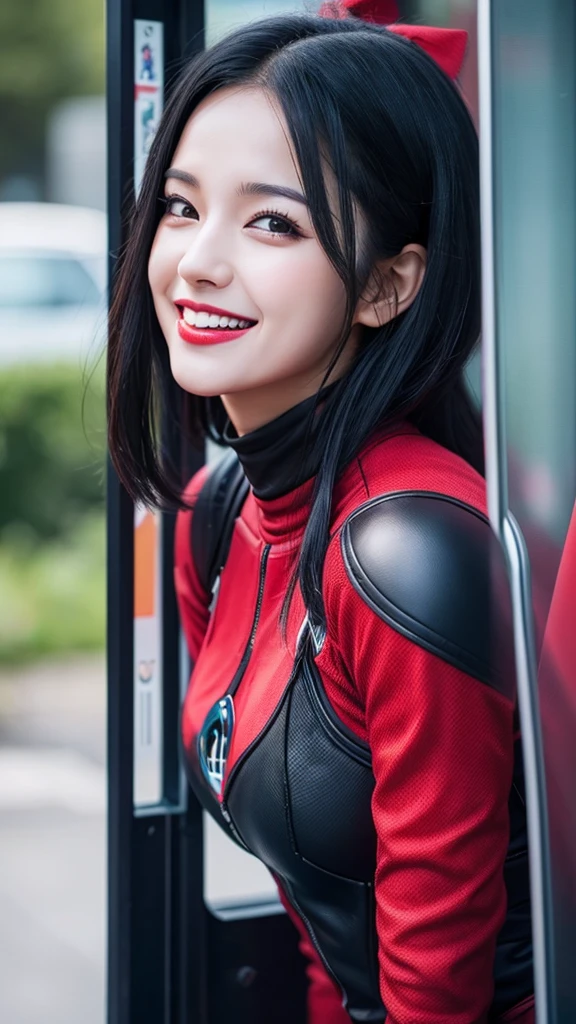A beautiful black-haired woman transformed into Deadpool smiles with her tongue out in a phone booth