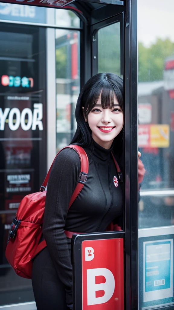 A beautiful black-haired woman transformed into Deadpool smiles with her tongue out in a phone booth