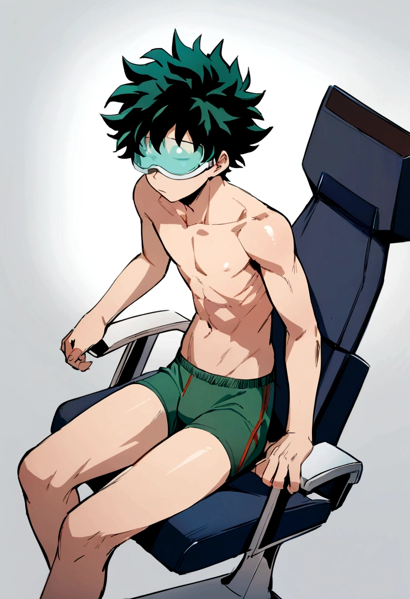 (masterpiece, best quality:1.2), solo, male focus, 1boy, midoriya izuku, short green hair, green eyes, no shirt, no pants, wearing green boxer briefs, ager, toned slender body, domed helmet with transparent visor over eyes, mind control device, blank expression, mouth hanging open staring straight forwars, relaxed body posture, sitting in chair, anime style, my hero academia style