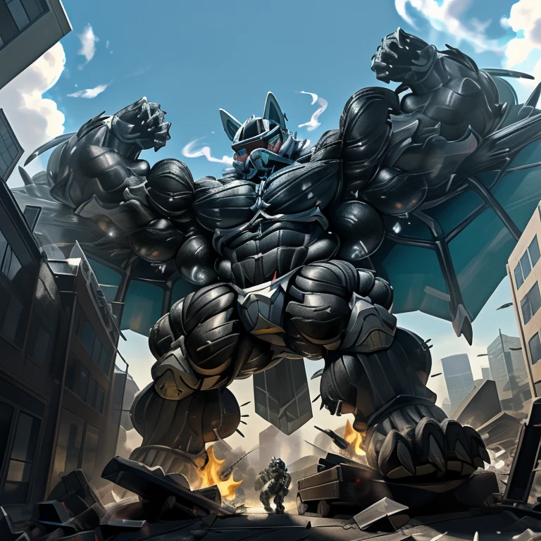 (masterpiece. official art. 8k. best quality. detailed full body. full body.)
(situation 1 : dominating LUCARIO. focus GIANT mechanical Muscular LUCARIO is trampling the CITY. macro. stomp. Low-angle perspective. emphasizing the immense size. The perspective is from below, emphasizing the sheer majesty and power of the Giant. giant art. He is much bigger than a skyscraper. Giga Giants. micro soccer field. looking down.)
(situation 2 :smoke and flames rising from the destruction in the city)
(Additional details 1: wearing a full-face helmet. helmet is jet black. The color of NANOSUIT is jet black. high-tech bio-mecha armor. real texture material. whole body shines like metal. Wearing cyberpunk mecha. emphasizes the muscles. suit fully made of metal. intricate armor. Robotic suit. suit fully made of metal. NANOSUIT with the same design as LUCARIO.). (Lucario has 5 toes.)
(Additional details 2: (Detailed head. Detailed Body. Detailed abs. gigantic muscles. HYPER MUSCLES. Gigachad Muscular. big muscle. pecs. triceps. traps. unusually developed muscular body. body full of huge muscles. showing off muscles. pectorales enormes. Exaggeratedly huge muscles. huge muscles. long legs.).
(Additional details 3: nj5furry, Spread wings. It has wings. black have big wings. The claws are sharp. Sharp teeth.5 toes.).