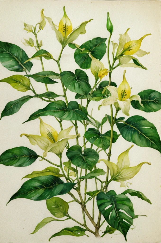 masterpiece of botanic illustration in watercolor on white paper of a pair of brugmansia flowers with a branch, an oval green fruit and some leaves