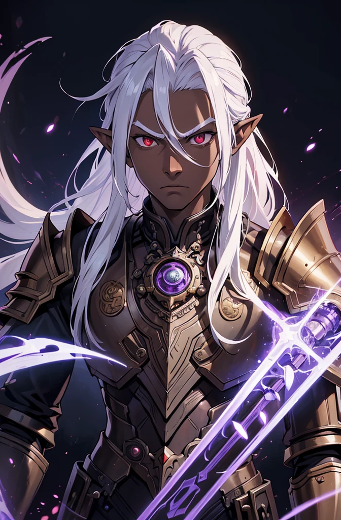 ((best quality)), ((masterpiece)), (detailed), ((boy)), ((mechanical armor)), (steampunk), (serious), dark skinned, human, upper body, portrait, red eyes, long white hair, Xemnas from Kingdom Hearts, half-drow, pointy ears, serious face, dramatic lighting, purple hue, perfect eyes, art by Kinema Citrus