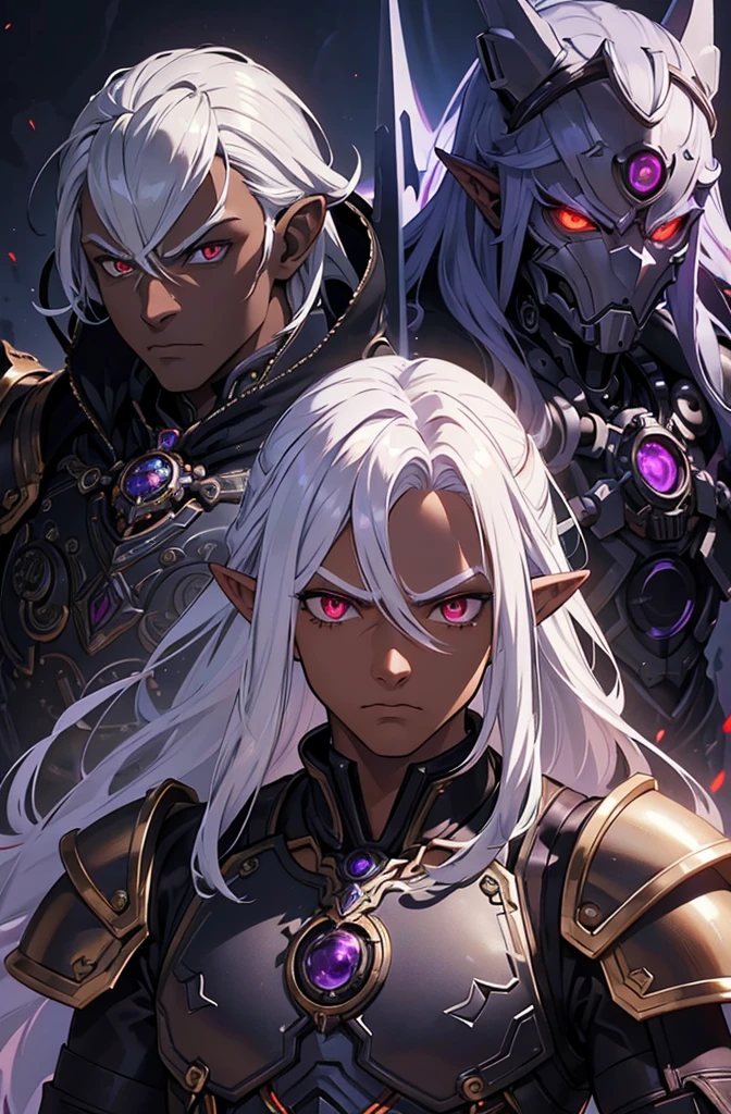 ((best quality)), ((masterpiece)), (detailed), ((boy)), ((mechanical armor)), (steampunk), (serious), dark skinned, human, upper body, portrait, red eyes, long white hair, Xemnas from Kingdom Hearts, half-drow, pointy ears, serious face, dramatic lighting, purple hue, perfect eyes, art by Kinema Citrus