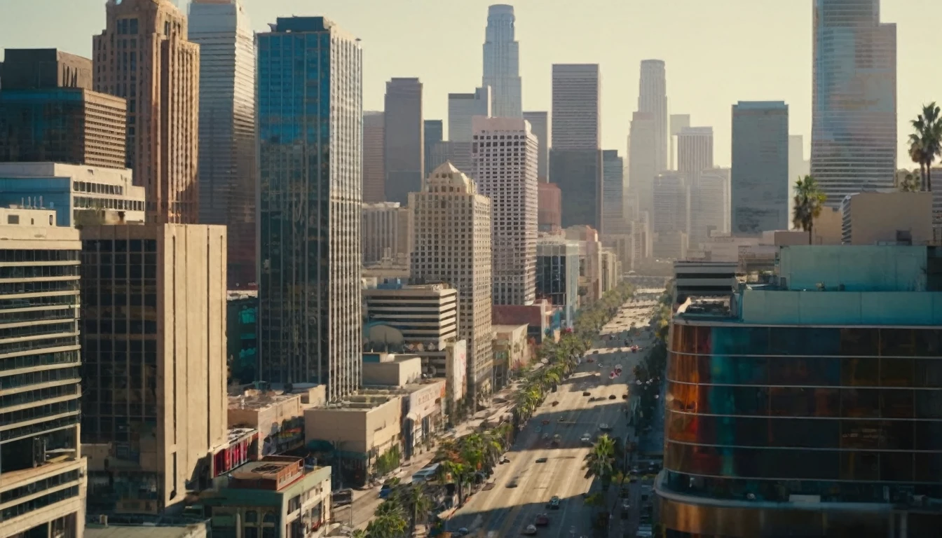 The cinematic traversal camera captures a view of Los Angeles, California in 3060 morning time.The camera is travelling through above the streets of a dysoptian city, in the futuristic megacity there are a couple of stores and street vendors, different styled buildings along the streetside. The futuristic city with many different colored materialed and shaped complex constructioned houses and skyscrapers in the background, bustling city with highly intricate details and photorealistic materials.Photorealistic Reflections.Natural lights, neutral colors, lomochrome,dramatic, dynamic composition. Consistent structure of the buildings, static environment,consistent movement of the camera.Contrast lighting, volumetric lighting, best shadows,sharp focus, depth pf field, Realism, Cinematic, Photoreal,Panavision 70s movie styled in color, celluloid, uhd, hdr, 4k, 35mm film Screengrab a 1950s Super Panavision 70 film, in color. Best shadows, best quality. Lifelike textures, sharp focus, depth of field, realism, photorealism, vintage color tones, cinematic lighting, contrast lighting, soft front light, insanely intricate details, hdr, uhd, 8k, 35 mm film, analog camera shot.