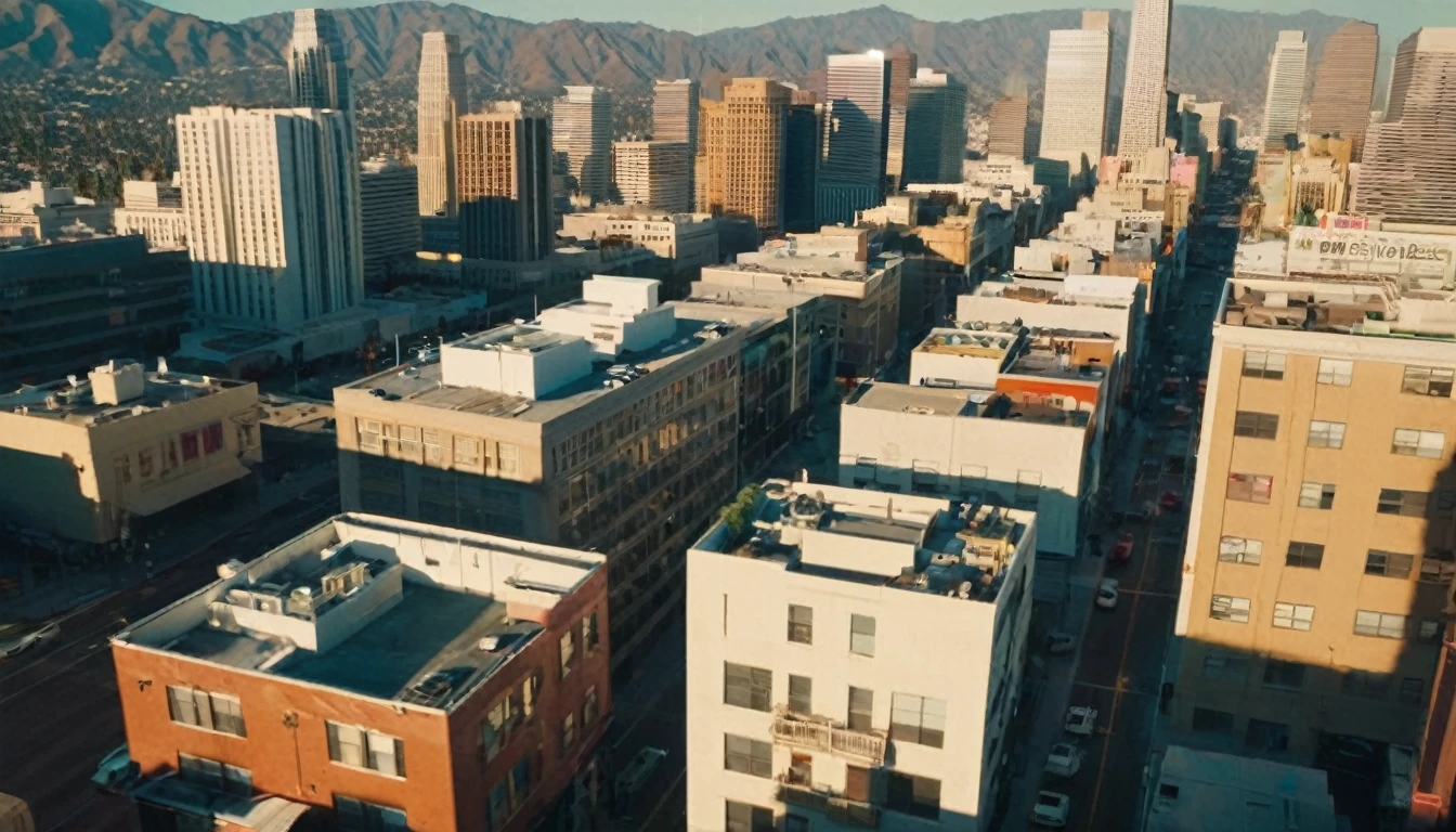 The cinematic traversal camera captures a view of Los Angeles, California in 3060 morning time.The camera is travelling through above the streets of a dysoptian city, in the futuristic megacity there are a couple of stores and street vendors, different styled buildings along the streetside. The futuristic city with many different colored materialed and shaped complex constructioned houses and skyscrapers in the background, bustling city with highly intricate details and photorealistic materials.Photorealistic Reflections.Natural lights, neutral colors, lomochrome,dramatic, dynamic composition. Consistent structure of the buildings, static environment,consistent movement of the camera.Contrast lighting, volumetric lighting, best shadows,sharp focus, depth pf field, Realism, Cinematic, Photoreal,Panavision 70s movie styled in color, celluloid, uhd, hdr, 4k, 35mm film Screengrab a 1950s Super Panavision 70 film, in color. Best shadows, best quality. Lifelike textures, sharp focus, depth of field, realism, photorealism, vintage color tones, cinematic lighting, contrast lighting, soft front light, insanely intricate details, hdr, uhd, 8k, 35 mm film, analog camera shot.