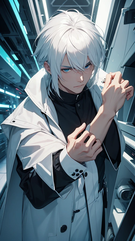 White-haired Man, There's ice on your back and coming out of your body, blue colored eyes, brawny, no mistakes, symetry, good quality,