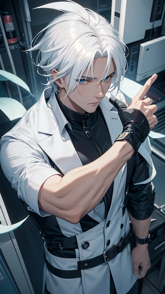 White-haired Man, There&#39;s ice on your back and coming out of your body, blue colored eyes, brawny, no mistakes, symetry, good quality, 
