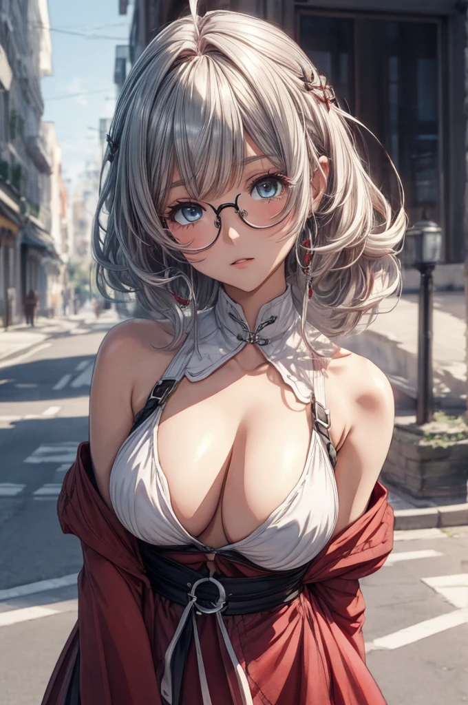 ((Sketch)), ((Watercolor)),((best quality)) ((best quality)), ((masterpiece)), (detailed), HD, Highly Detailed, 4k image, anime style, beautiful young girl, tanned white skin, waist-length silver-red colored hair wirh red highlights at the edges, soft facial features, heterochromatic eyes(left eye: silver)(right eye: red), gothic sundress, cherry red plump lips, large E-cup breasts, short height(150cm). wide hips and large round ass, silver round-frame glasses