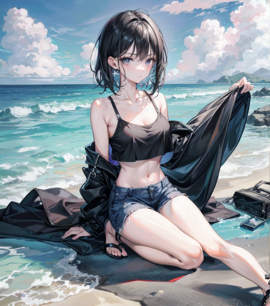 full body, solo, alone, delicate facial features, medium tits, medium hair, black hair, tearful mole, earring, t-shirt, crop top, off-shoulder, Hot Pants, sandal, beach,