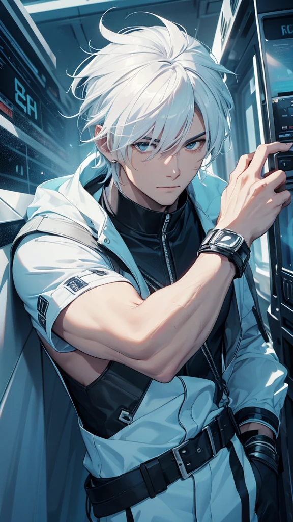 White-haired Man, There&#39;s ice on your back and coming out of your body, blue colored eyes, brawny, no mistakes, symetry, good quality, 