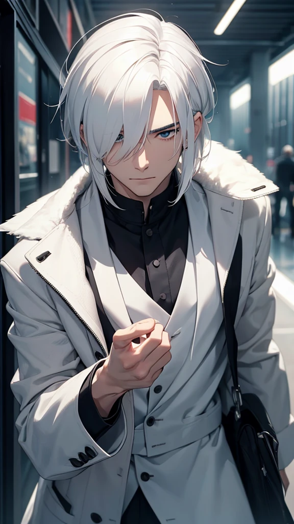 White-haired Man, There&#39;s ice on your back and coming out of your body, blue colored eyes, brawny, no mistakes, symetry, good quality, 