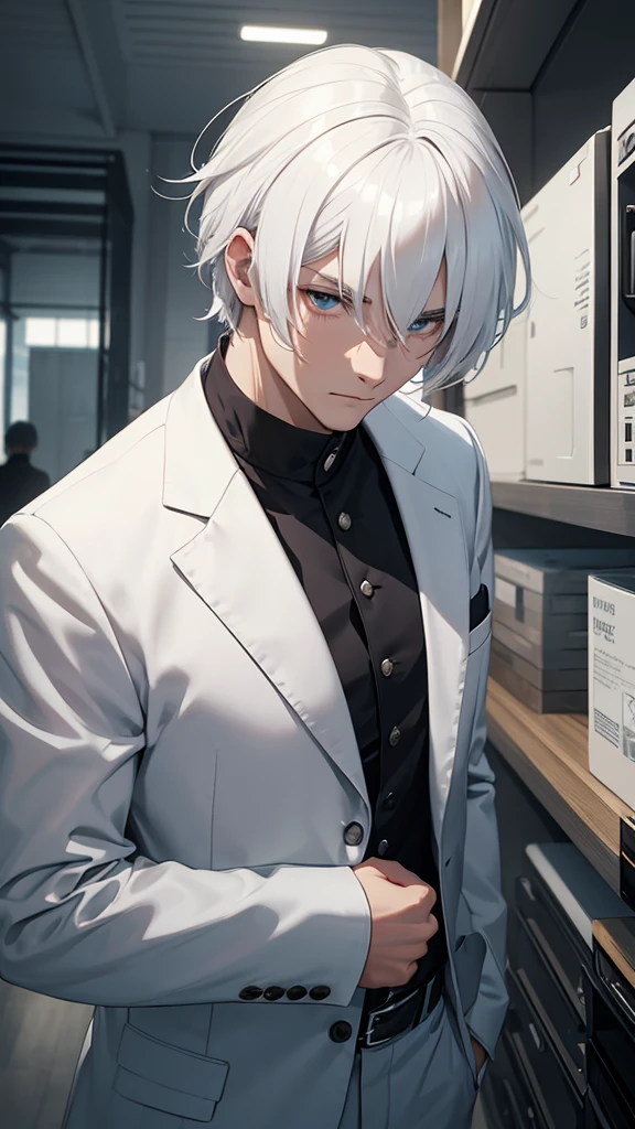 White-haired Man, There's ice on your back and coming out of your body, blue colored eyes, brawny, no mistakes, symetry, good quality,