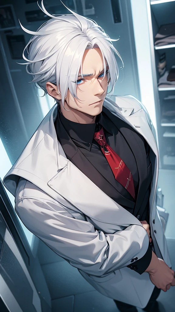 White-haired Man, There's ice on your back and coming out of your body, blue colored eyes, brawny, no mistakes, symetry, good quality,