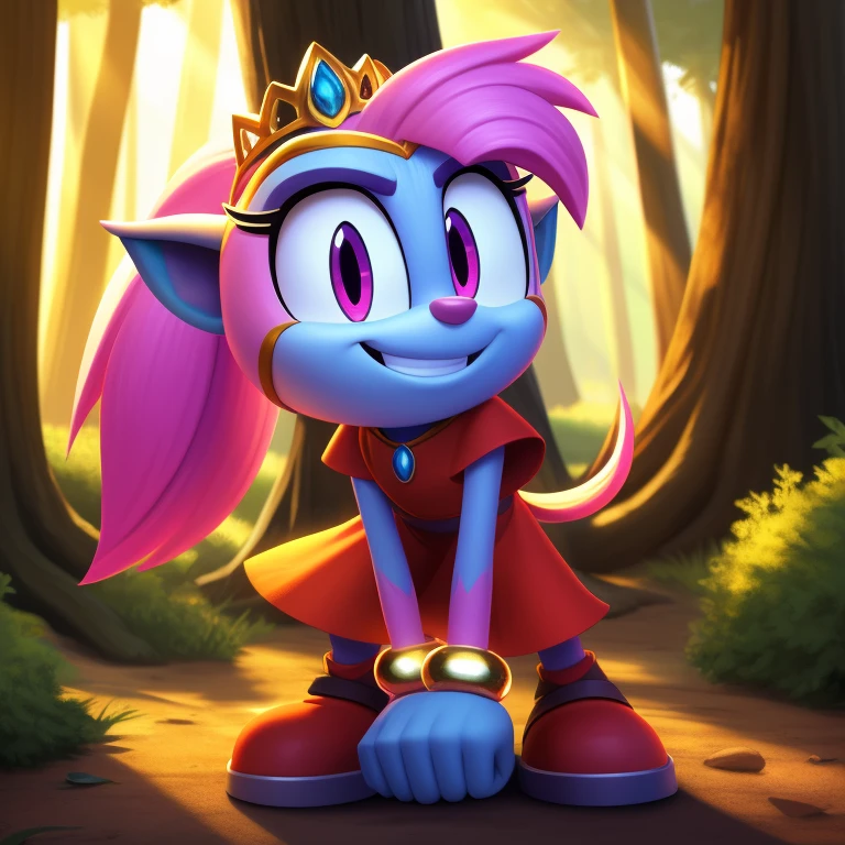 (masterpiece), studio quality, highly detailed, detailed, insanely detailed, extreme detail, refined detail, perfect detail, max detail, detailed shadows, best quality, beautiful lighting, vibrant lighting, detailed background, score_9, score_8_up, score_7_up, score_6_up, score_5_up, (DreamWorks), Trolls_(films), Princess Poppy_Trolls, round ears, solo, flower tiara, 1girl, pink eyes, pink hair, flower bracelet, pink skin, Forest background, smile, jewelry, hair ornaments, cowboy shot, full body, adorable, cute