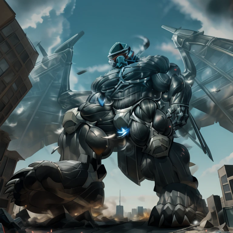 (masterpiece. official art. 8k. best quality. detailed full body. full body.)
(situation 1 : dominating LUCARIO. focus GIANT mechanical Muscular LUCARIO is trampling the CITY. macro. stomp. Low-angle perspective. emphasizing the immense size. The perspective is from below, emphasizing the sheer majesty and power of the Giant. giant art. He is much bigger than a skyscraper. Giga Giants. micro soccer field. looking down.)
(situation 2 :smoke and flames rising from the destruction in the city)
(Additional details 1: wearing a full-face helmet. helmet is jet black. The color of NANOSUIT is jet black. high-tech bio-mecha armor. real texture material. whole body shines like metal. Wearing cyberpunk mecha. emphasizes the muscles. suit fully made of metal. intricate armor. Robotic suit. suit fully made of metal. NANOSUIT with the same design as LUCARIO.). (Lucario has 5 toes.)
(Additional details 2: (Detailed head. Detailed Body. Detailed abs. gigantic muscles. HYPER MUSCLES. Gigachad Muscular. big muscle. pecs. triceps. traps. unusually developed muscular body. body full of huge muscles. showing off muscles. pectorales enormes. Exaggeratedly huge muscles. huge muscles. long legs.).
(Additional details 3: nj5furry, Spread wings. It has wings. black have big wings. The claws are sharp. Sharp teeth.5 toes.).