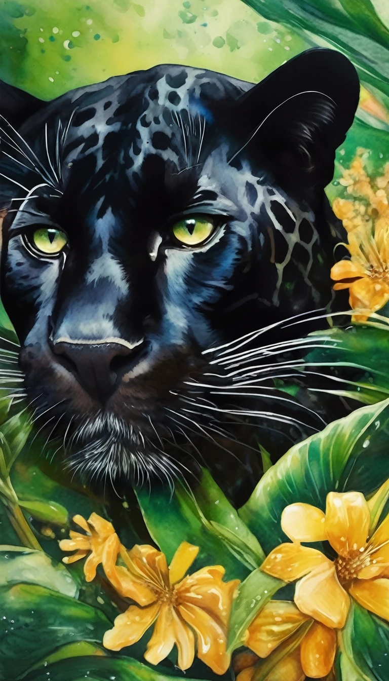 Beautiful black panther lying down, abstraction jungle backdrop, floral, fantasy, african style, beautiful, realistic, green, white, golden fibers, drops, balls, swirls, sparks, high octane, watercolor paint, a closeup of a