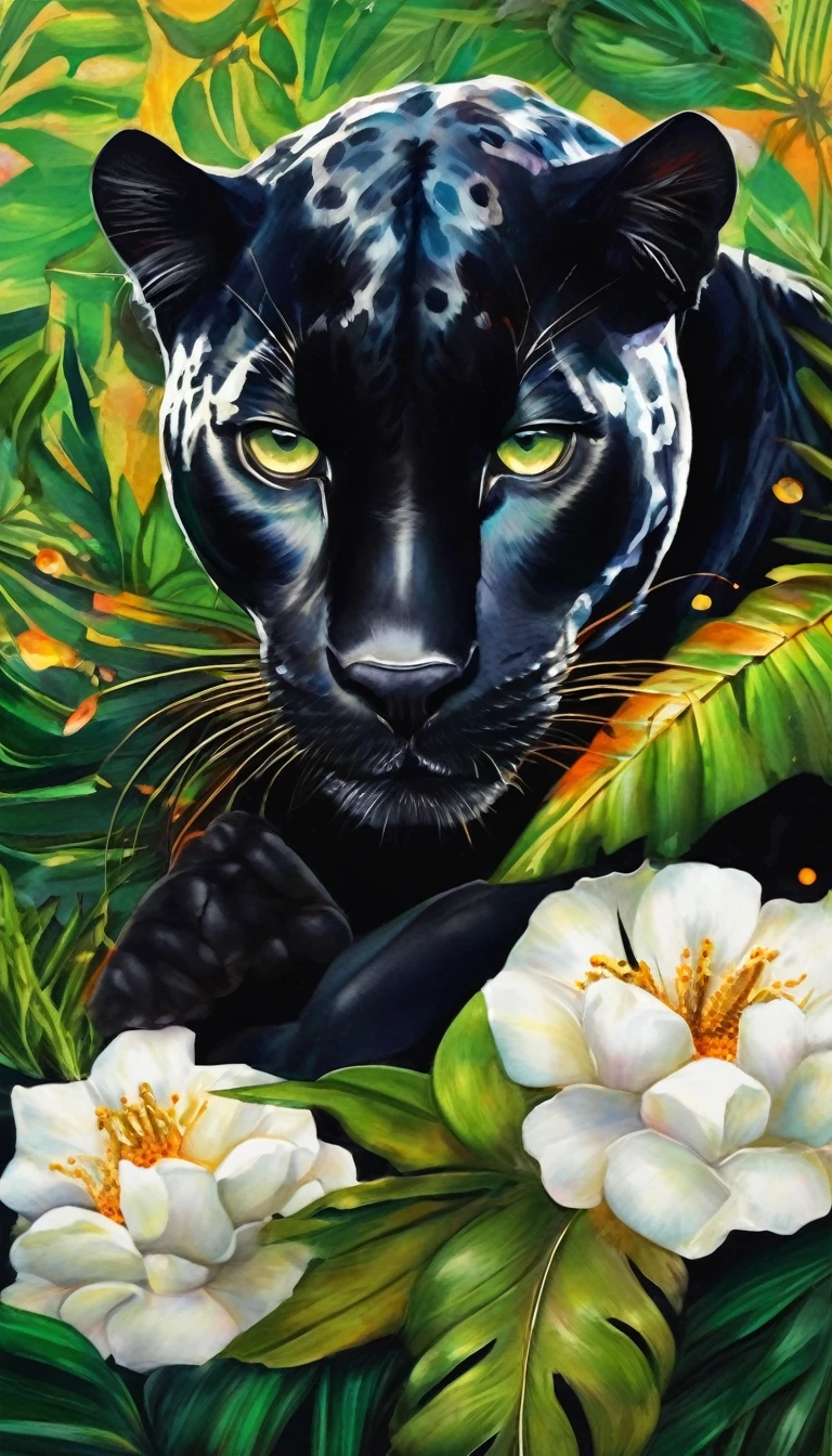 Beautiful black panther lying down, abstraction jungle backdrop, floral, fantasy, african style, beautiful, realistic, green, white, golden fibers, drops, balls, swirls, sparks, high octane, watercolor paint, a closeup of a