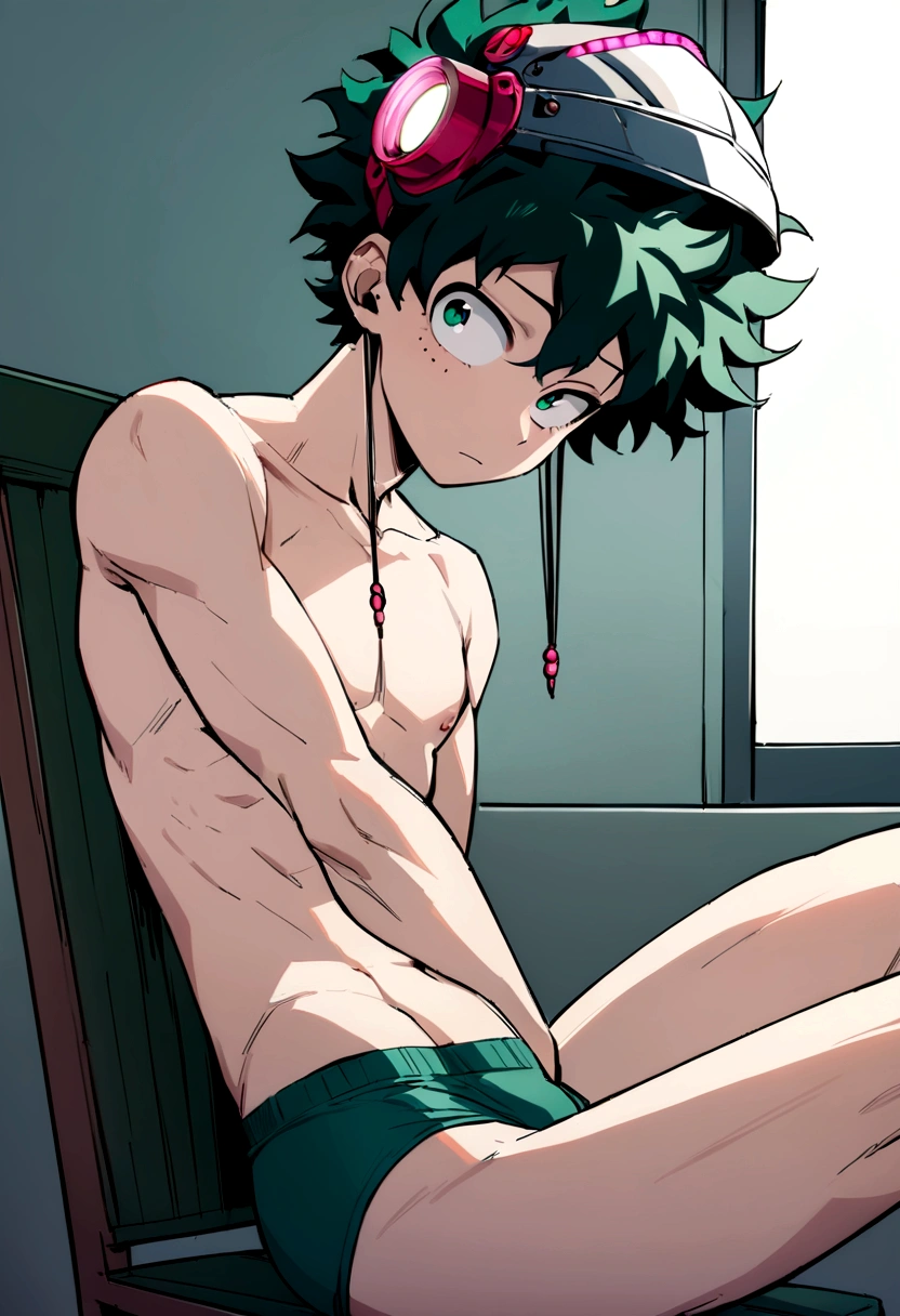 (masterpiece, best quality:1.2), solo, male focus, 1boy, midoriya izuku, short green hair, green eyes, no shirt, no pants, wearing green boxer briefs, teenager, toned slender body, domed helmet with transparent visor over eyes, mind control device, blank expression, mouth hanging open staring straight forwars, relaxed body posture, sitting in chair, anime style, my hero academia style