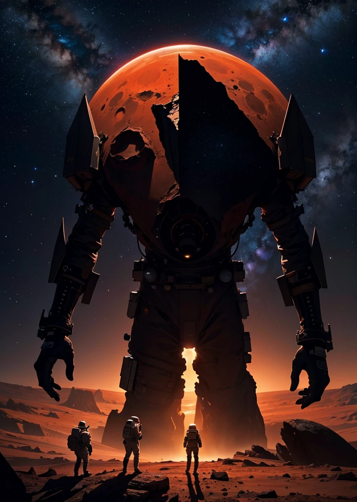 Create a breathtaking painting of an astronaut standing on the rugged surface of Mars. The scene is set at night, under a sky filled with countless stars that cast a subtle glow on the Martian landscape. The astronaut is positioned near the edge of a colossal abyss, a vast and deep chasm that slices through the red terrain, evoking a sense of awe and mystery. The abyss's edges are jagged and shadowy, adding depth and drama to the scene. The astronaut gazes into the abyss, illuminated slightly by the distant starlight, capturing the essence of exploration and the unknown.