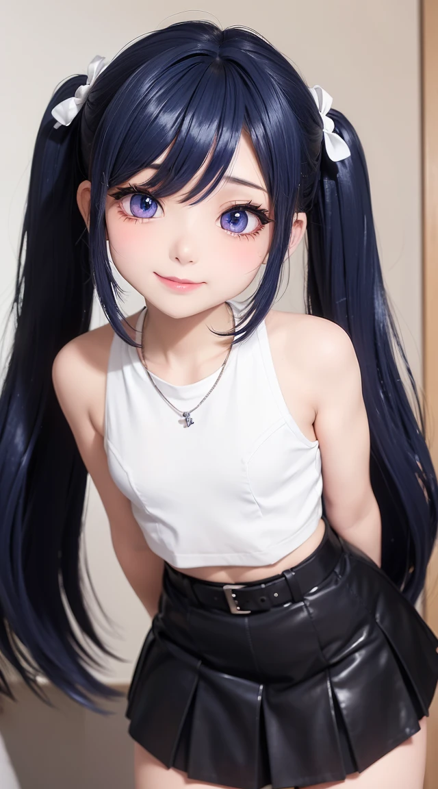 (masterpiece:1.3), (Best Quality:1.3), (Ultra-detailed:1.2), ((kawaii)), Cute, (lovely), ((sexy)), ((Extremely detailed)), 4K, (8K), Best Quality, (Beautiful), Illustration, anime style, (bold line:1.2), Gradation, looking at viewer, //, (bent down:1.1), (arms behind back), //, a cute girl, 1girl, (solo:1.2), gleaming skin, //, (flat chested), (Perfect eyes:1.2), (Perfect iris:1.2), //, darkblue hair color, (beautiful eyes) //, (half closed eyes:1.3), (sexual expression:1.2), Fascinated expression, smile, (blush:1.2), //, modern city background, on rock, twin tails, muscle girl, hard abs, exposed abs, NECKLACE, tight blouse, skirt