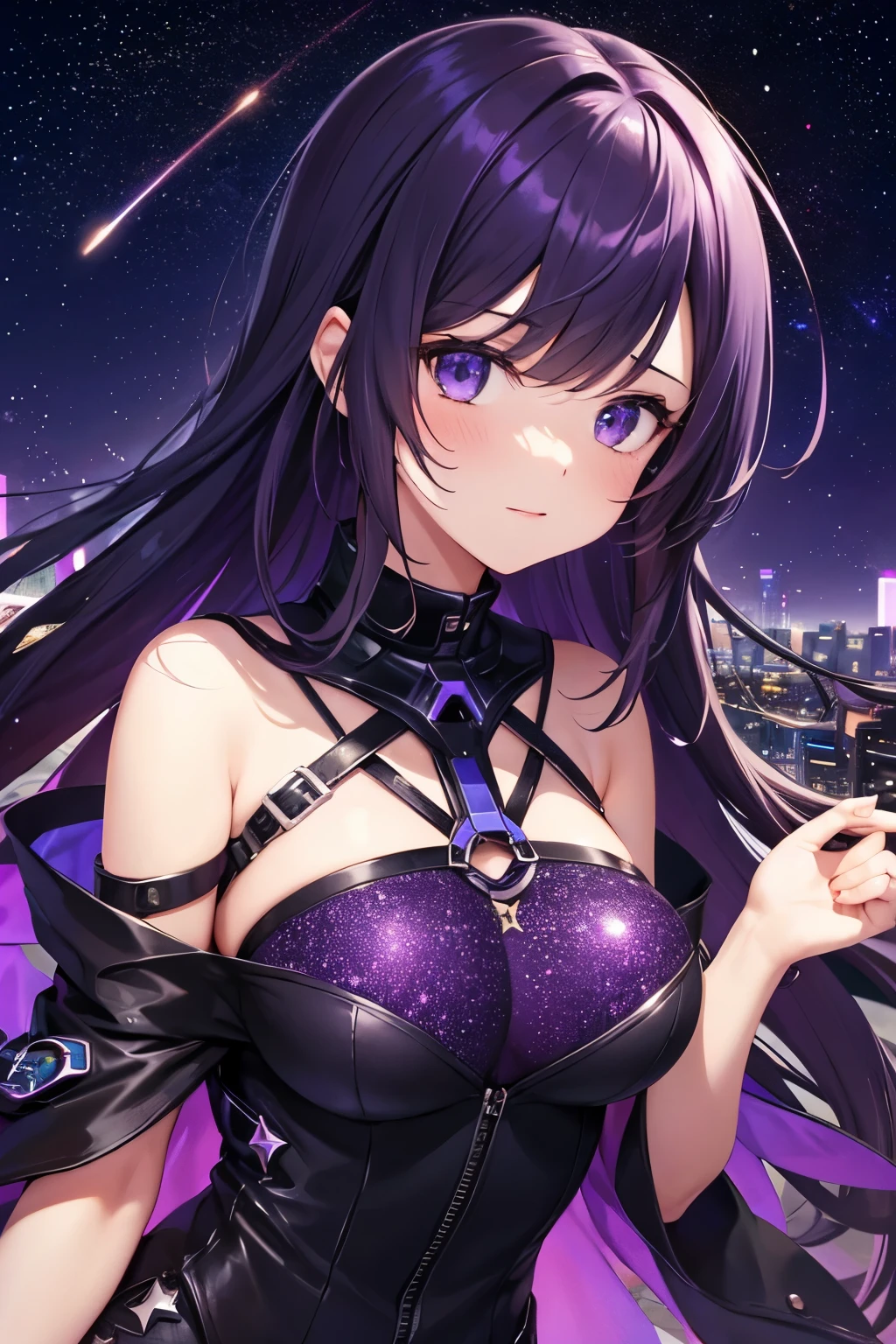 girl under starry sky with the constellations of the zodiac, shades of purple as if they were nebulae, vast space, in background cyberpunk city at the bottom,