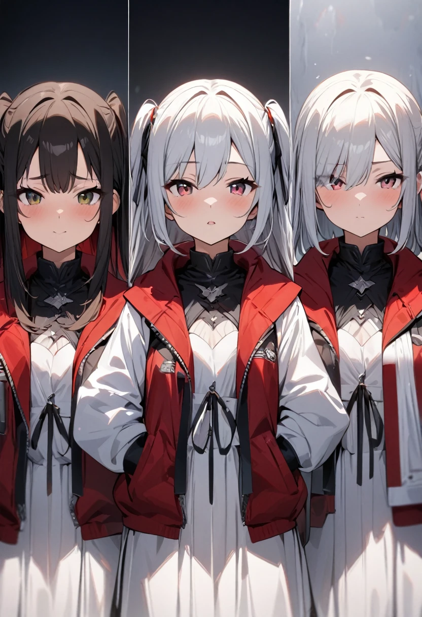 lineup,Multiple Girls,straight-on,tow side up,masterpiece, best quality, very aesthetic, absurdres,black,red,White,silver