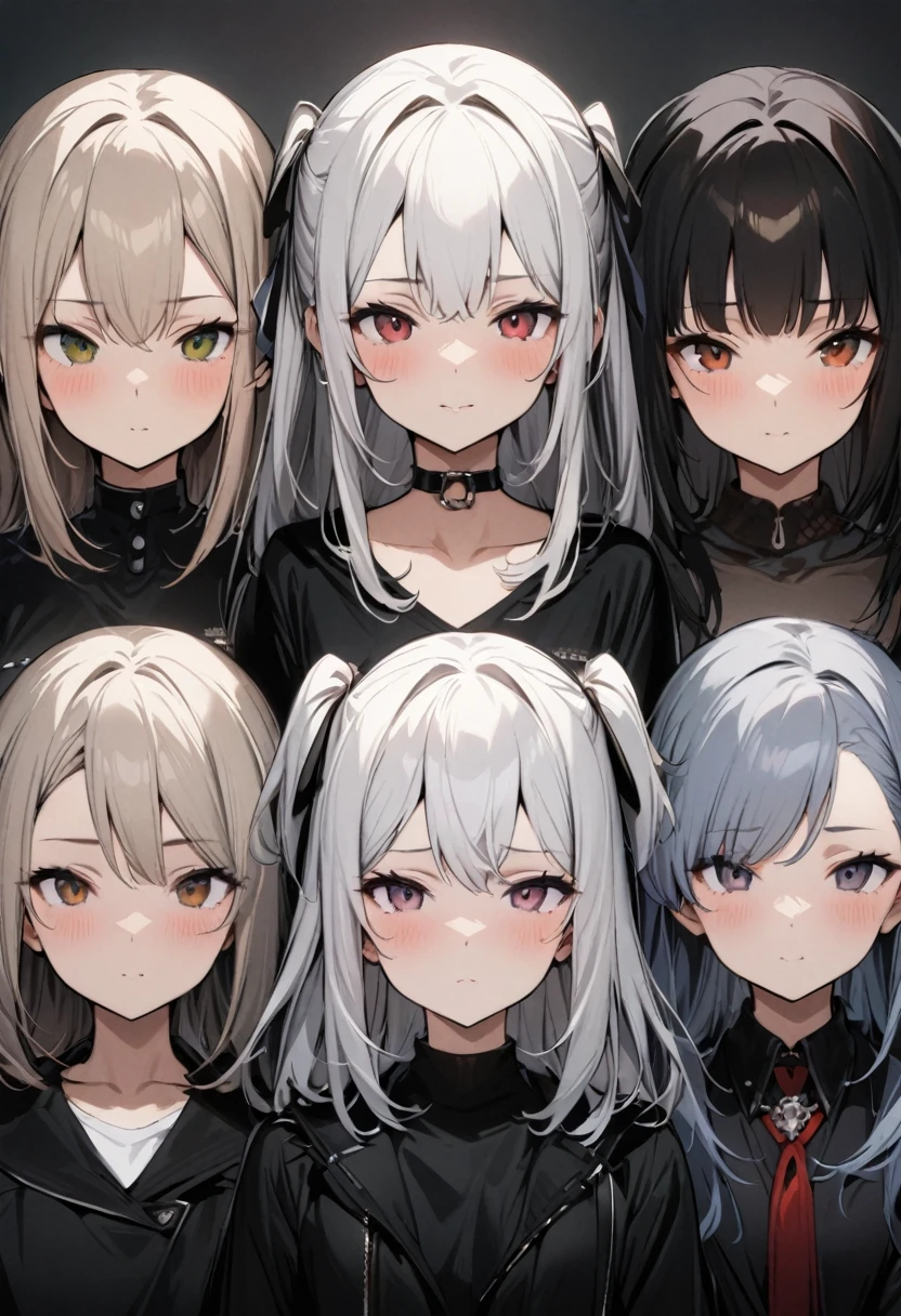 lineup,Multiple Girls,straight-on,tow side up,masterpiece, best quality, very aesthetic, absurdres,black,red,White,silver