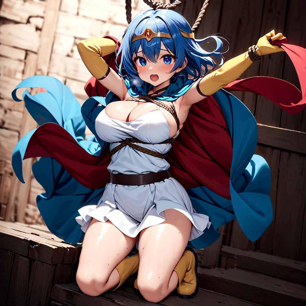 ((((((もっともっと服がはち切れそうなSuper big breasts:1.9))))))、((((Her breasts are so big they overflow from her clothes:1.9))))((((スカートが短すぎてWhite pantiesが覗く:9))))、((((White panties:1.9))))((彼女のドレスは短すぎてWhite pantiesが覗く:1.9))、(((White panties:1.9)))masterpiece, Highest quality,, Highly detailed background, Perfect lighting, (beautiful, Highest quality:1.1), masterpiece, Perfect Eyes, (beautiful), (erotic:1.2) Cleavage,short hair, Bright light Blue Hair, Observe the audience,(masterpiece, Highest quality:1.1), Sage_(dq3),,Blue Hair, Circlet, Normal chest, Yellow gloves,little white mini skirt dress, belt, Cape, boots, Cleavage, Expose your shoulders,Please close your eyes tightly.、Open your mouth苦しむ、Sweaty、Drenched in sweat、(Full body image:1.3)、(超巨大なCleavage:1.2)、(Super big breasts:1.2)、(Clothes are torn to shreds:1.9)、(The skirt is too short and your underwear is visible:1.8)、(下着はWhite panties:1.8)、(shibari:1.8)、(Open your mouth:1.5)、(Please close your eyes tightly.:1.8)、(Enduring Suffering:1.5)、(Put your hands behind your back:1.9)、(tied up and hung with a rope:1.9)、(the whole body is tied with a rope:1.9)、(My clothes are soaked and shiny..:1.5)、(Clothes are soaked and see-through:1.8)、(Plump body:1.8)、(Get down on one knee:1.8)、(息を切らしてit hurts:1.8)、(The body is tied up with rope and restrained:1.9)、(Tie your knees with a rope:2.9)、(Tie your thighs with a rope:2.9)、(My whole body is covered in bruises:1.8)、(The whole body is dirty and filthy:1.8)、(shortness of breathまたは呼吸困難:1.6)、(My whole body is full of wounds:1.8)、(My whole body is full of woundsで力尽きる:1.9)、(Exhausted:1.5)、(shortness of breath:1.8)、(it hurts:1.8)、(Being strangled with a rope:1.8)、(Suspended from above by ropes:1.9)((超巨大なCleavage:1.9))、((White panties:1.9))、(Her hands are tied with rope:1.9)、(Please close your eyes tightly.:1.9)、(彼女のWhite pantiesは短すぎるドレスから覗いている:1.5)、(Her clothes were torn off by the men.る:1.2)、(She blushes in embarrassment:1.5)、(Her clothes were torn off by the men.、she was almost naked。.:1.2)、(She is arching her back:1.9)、(She is looking up:1.9)、(her body is full of scars:1.9)、(the back is arched:1.9)、(Her breast size is M cup:1.9)、((彼女はもっともっとSuper big breasts:1.9))、(She is bound by chains all over her body9)、(More and more roped off:1.9)、(shibari:2.9)、(shibari:2.9)、(Super big breasts:7.9)、(((スカートの隙間からWhite pantiesが覗く:1.9)))、(((She is tied up with rope:1.9)))、((((((White panties:1.9))))))、(((((((((((((彼女は超超Drenched in sweat:7.9)))))))))))))、(((((((((((彼女は上を向いてOpen your mouth顔を赤くして嫌がる:1.9)))))))))))、((((((((((I'm so embarrassed I blush and cry:1.9))))))))))