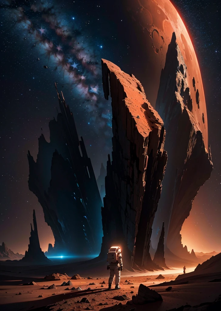 Create a breathtaking painting of an astronaut standing on the rugged surface of Mars. The scene is set at night, under a sky filled with countless stars that cast a subtle glow on the Martian landscape. The astronaut is positioned near the edge of a colossal abyss, a vast and deep chasm that slices through the red terrain, evoking a sense of awe and mystery. The abyss's edges are jagged and shadowy, adding depth and drama to the scene. The astronaut gazes into the abyss, illuminated slightly by the distant starlight, capturing the essence of exploration and the unknown.