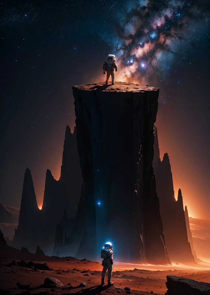 Create a breathtaking painting of an astronaut standing on the rugged surface of Mars. The scene is set at night, under a sky filled with countless stars that cast a subtle glow on the Martian landscape. The astronaut is positioned near the edge of a colossal abyss, a vast and deep chasm that slices through the red terrain, evoking a sense of awe and mystery. The abyss's edges are jagged and shadowy, adding depth and drama to the scene. The astronaut gazes into the abyss, illuminated slightly by the distant starlight, capturing the essence of exploration and the unknown.