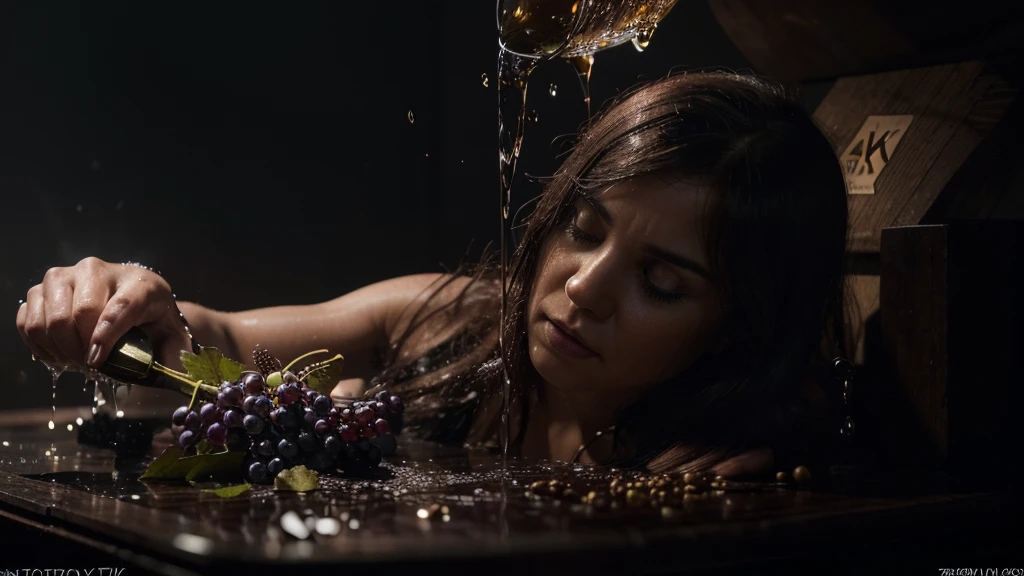 a person's hands crushing grapes, grapes being squeezed, wine flowing into glass, detailed crushed grapes, wet hands, dramatic lighting, chiaroscuro, moody colors, dynamic composition, realistic, cinematic, dark atmosphere, dramatic, photorealistic, high contrast, award winning photograph, (best quality,4k,8k,highres,masterpiece:1.2),ultra-detailed,(realistic,photorealistic,photo-realistic:1.37)