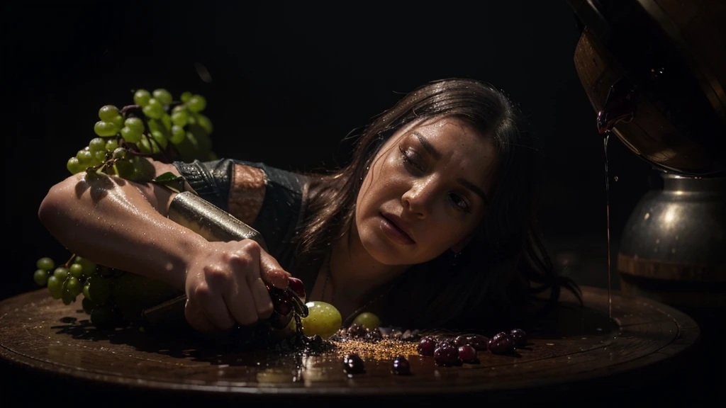 a person's hands crushing grapes, grapes being squeezed, wine flowing into glass, detailed crushed grapes, wet hands, dramatic lighting, chiaroscuro, moody colors, dynamic composition, realistic, cinematic, dark atmosphere, dramatic, photorealistic, high contrast, award winning photograph, (best quality,4k,8k,highres,masterpiece:1.2),ultra-detailed,(realistic,photorealistic,photo-realistic:1.37)