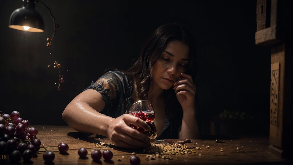 a person's hands crushing grapes, grapes being squeezed, wine flowing into glass, detailed crushed grapes, wet hands, dramatic lighting, chiaroscuro, moody colors, dynamic composition, realistic, cinematic, dark atmosphere, dramatic, photorealistic, high contrast, award winning photograph, (best quality,4k,8k,highres,masterpiece:1.2),ultra-detailed,(realistic,photorealistic,photo-realistic:1.37)