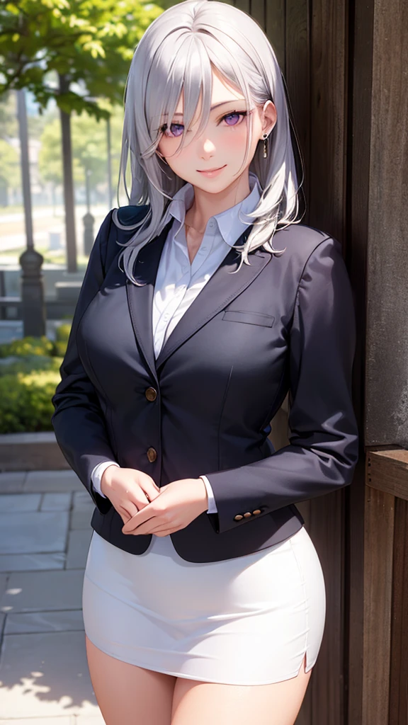 (masterpiece:1.2, top-quality), (realistic, photorealistic:1.4), beautiful illustration, (natural side lighting, movie lighting),
looking at viewer, cowboy shot, front view, 1 girl, japanese, high school girl, perfect face, cute and symmetrical face, shiny skin, babyface,
(long hair, straight hair, silver hair), hair between eyes, purple eyes, (middle breasts, seductive thighs, big ass), piercings,
beautiful hair, beautiful face, beautiful detailed eyes, beautiful clavicle, beautiful body, beautiful chest, beautiful thigh, beautiful legs, beautiful fingers,
((long sleeves, white collared shirt, black suit jacket, black pencil mini skirt), id card, strap, black high heels),
(beautiful scenery), evening, park, walking, (lovely smile, upper eyes), big tits, ((high resolution face)), plump