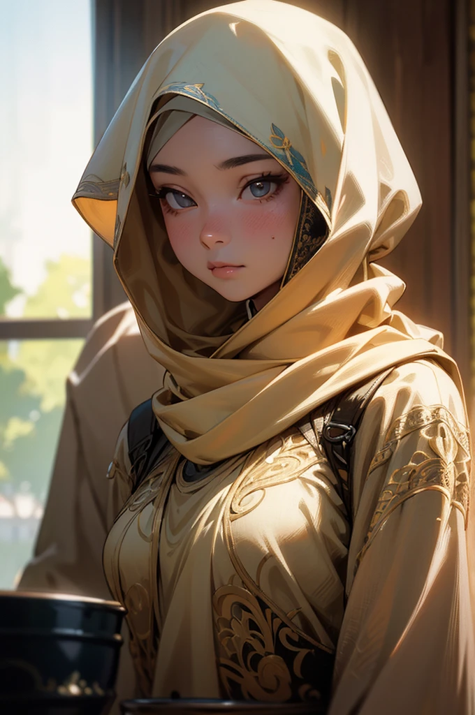 A beautiful malay girl, 1girl, hijab, jilbab, 19 years old, indoors, fine lighting, hyper-detailed, high quality, masterpiece, photorealistic, intricate details, realistic skin and features, natural expression, realistic lights and shadows, cinematic composition, vivid colors, warm color palette