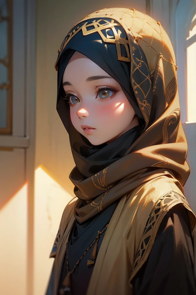 A beautiful malay girl, 1girl, hijab, jilbab, 19 years old, indoors, fine lighting, hyper-detailed, high quality, masterpiece, photorealistic, intricate details, realistic skin and features, natural expression, realistic lights and shadows, cinematic composition, vivid colors, warm color palette