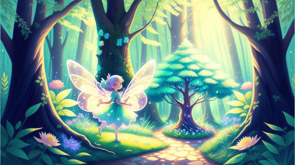 Dreamy garden, trees, flowers, Cute s, light colors hair, blue eyes, gossamer,illustration, A masterpiece in bright light, stunning art! The art of magic, fairy tale artwork, inspiring art, exquisite artwork high quality、masterpiece、Sparkling fairies、In a beautiful forest、smile,In the forest at night、Fairy doing a dance pose
