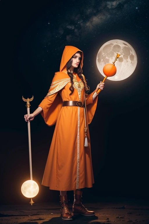 A tall white elf, with dark hair and brown eyes wearing an orange hooded dress, holding a staff with a moon at the top