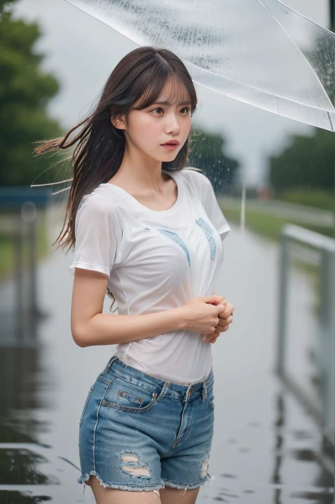 masterpiece, ultra high res, 8k, RAW photo, best quality, detailed shadow, amazing, finely detail, sharp focus, (shine light on face:1), (Volumetric lighting:1.4), (bokeh:1.5), (cowboy shot:1.3), (from below:1.2), (looking at viewer:1.2), standing,
BREAK
1 girl, (medium breasts:1), (brown medium long hair:1.4), (bangs:1.2), ((white)T-shirt:1.2), ((dark blue)denim short:1.2), ((white)sneakers:1.3), (rain:1.6), (downpour:1.5), (cloudburst:1.5)
(soaking wet:1.3), (nipples:1.3), (wet and transparent clothes:1.4), (cry:1), (open mouth:0.7),
Commuting to school, (residential road:1.4), sunset,