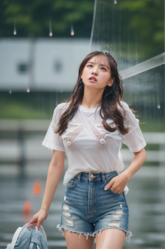 masterpiece, ultra high res, 8k, RAW photo, best quality, detailed shadow, amazing, finely detail, sharp focus, (shine light on face:1), (Volumetric lighting:1.4), (bokeh:1.5), (cowboy shot:1.3), (from below:1.2), (looking at viewer:1.2), standing,
BREAK
1 girl, (medium breasts:1), (brown medium long hair:1.4), (bangs:1.2), ((white)T-shirt:1.2), ((dark blue)denim short:1.2), ((white)sneakers:1.3), (rain:1.6), (downpour:1.5), (cloudburst:1.5)
(soaking wet:1.3), (nipples:1.3), (wet and transparent clothes:1.4), (cry:1), (open mouth:0.7),
Commuting to school, (residential road:1.4), sunset,