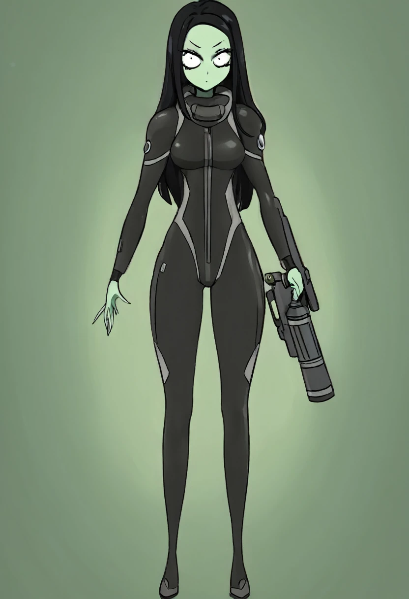 cartoon thin woman, long neck, long black hair, pale green skin, wearing a sci-fi diving suit. she is armed with an arm cannon