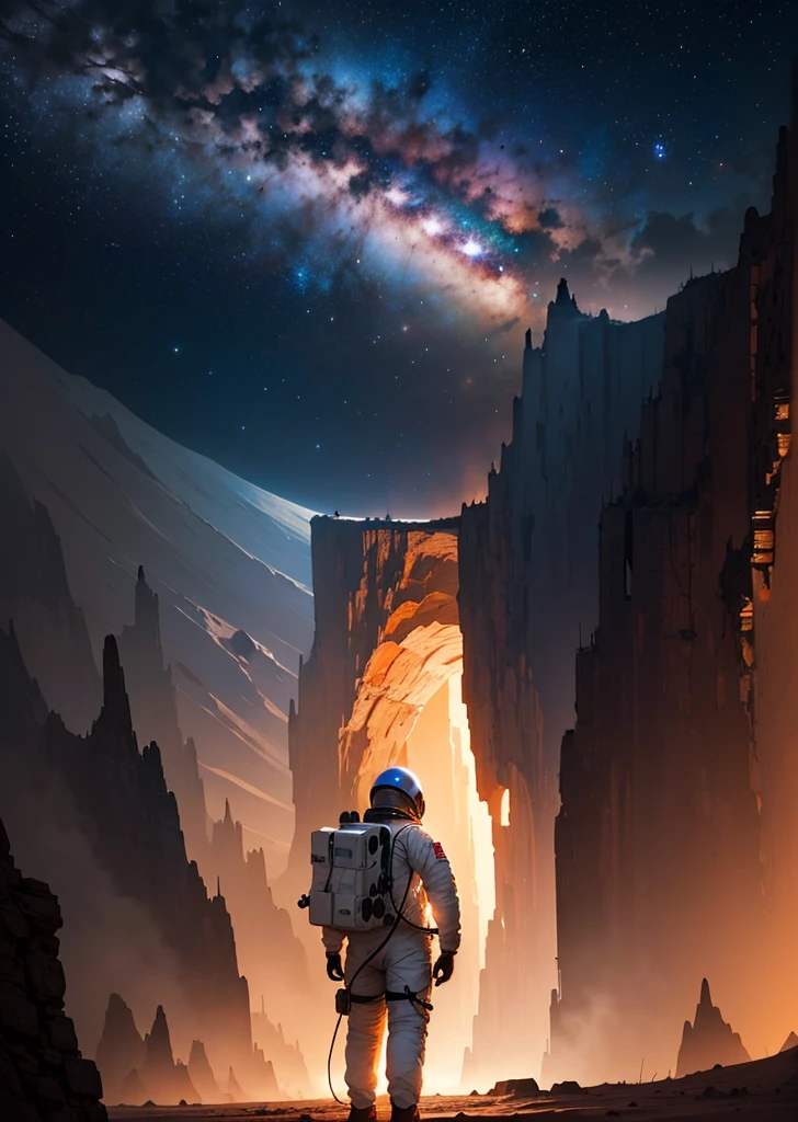 Create a breathtaking painting of an astronaut standing on the rugged surface of Mars. The scene is set at night, under a sky filled with countless stars that cast a subtle glow on the Martian landscape. The astronaut is positioned near the edge of a colossal abyss, a vast and deep chasm that slices through the red terrain, evoking a sense of awe and mystery. The abyss's edges are jagged and shadowy, adding depth and drama to the scene. The astronaut gazes into the abyss, illuminated slightly by the distant starlight, capturing the essence of exploration and the unknown.