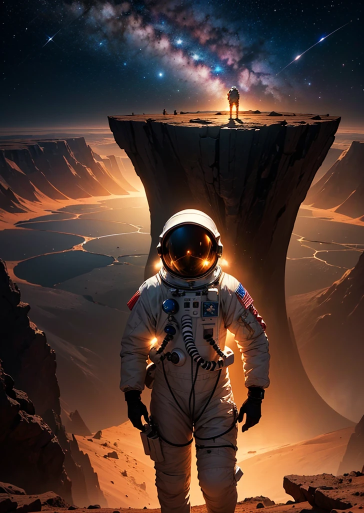 Create a breathtaking painting of an astronaut standing on the rugged surface of Mars. The scene is set at night, under a sky filled with countless stars that cast a subtle glow on the Martian landscape. The astronaut is positioned near the edge of a colossal abyss, a vast and deep chasm that slices through the red terrain, evoking a sense of awe and mystery. The abyss's edges are jagged and shadowy, adding depth and drama to the scene. The astronaut gazes into the abyss, illuminated slightly by the distant starlight, capturing the essence of exploration and the unknown.