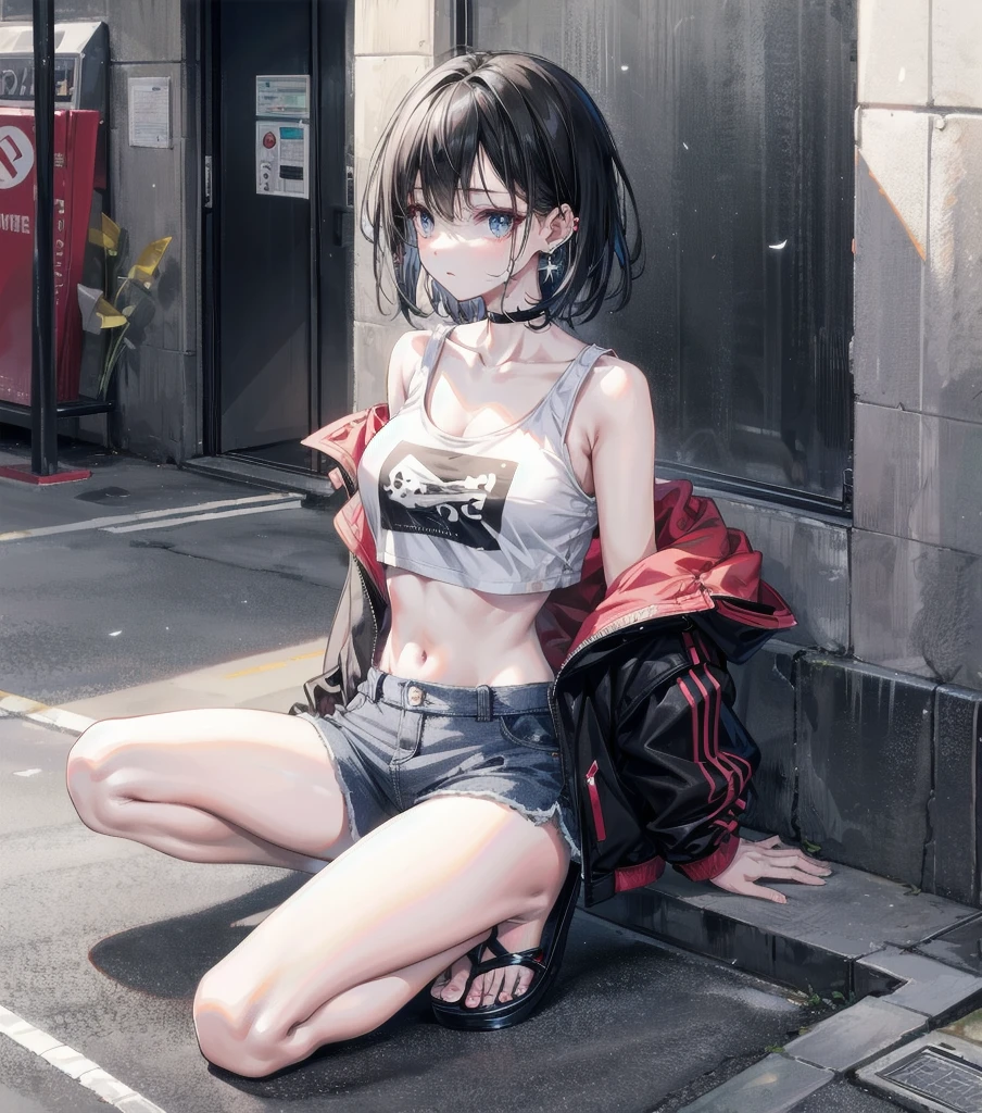 full body, solo, alone, delicate facial features, medium tits, medium hair, black hair, tearful mole, earring, t-shirt, crop top, off-shoulder, Hot Pants, sandal, street,