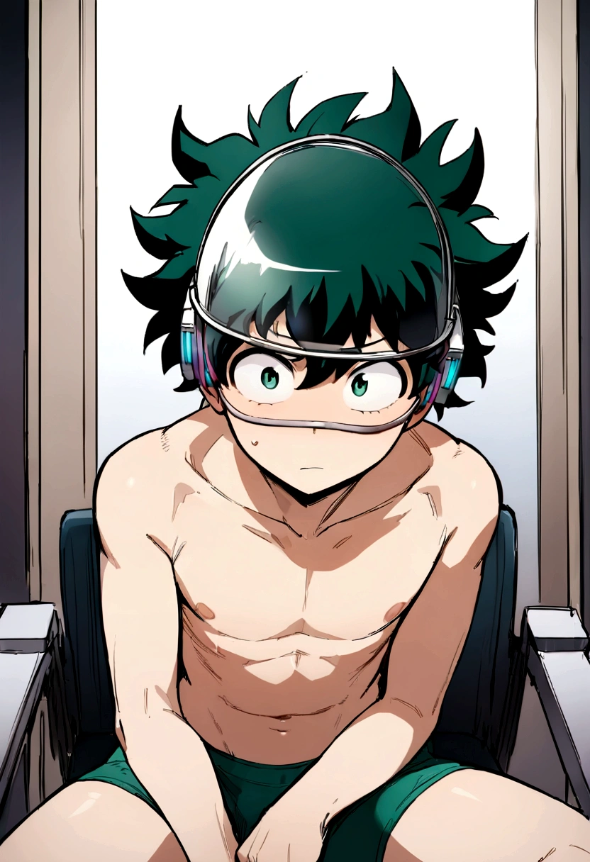 (masterpiece, best quality:1.2), solo, male focus, 1boy, midoriya izuku, short green hair, green eyes, no shirt, no pants, wearing green boxer briefs, teenager, toned slender body, domed helmet with transparent visor over eyes, mind control device, blank expression, mouth hanging open staring straight forwars, relaxed body posture, sitting in chair, anime style, my hero academia style