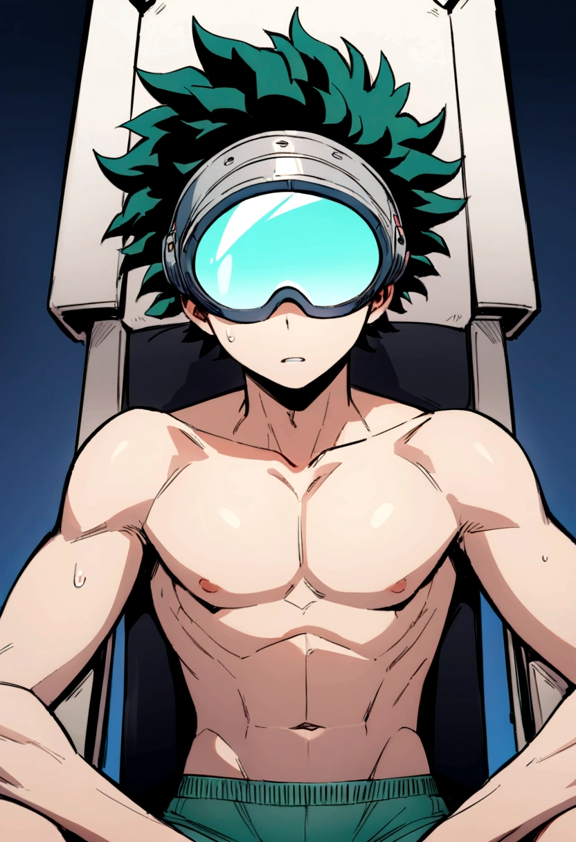 (masterpiece, best quality:1.2), solo, male focus, 1boy, midoriya izuku, short green hair, green eyes, no shirt, no pants, wearing green boxer briefs, ager, toned slender body, domed helmet with transparent visor over eyes, mind control device, blank expression, mouth hanging open staring straight forwars, relaxed body posture, sitting in chair, anime style, my hero academia style