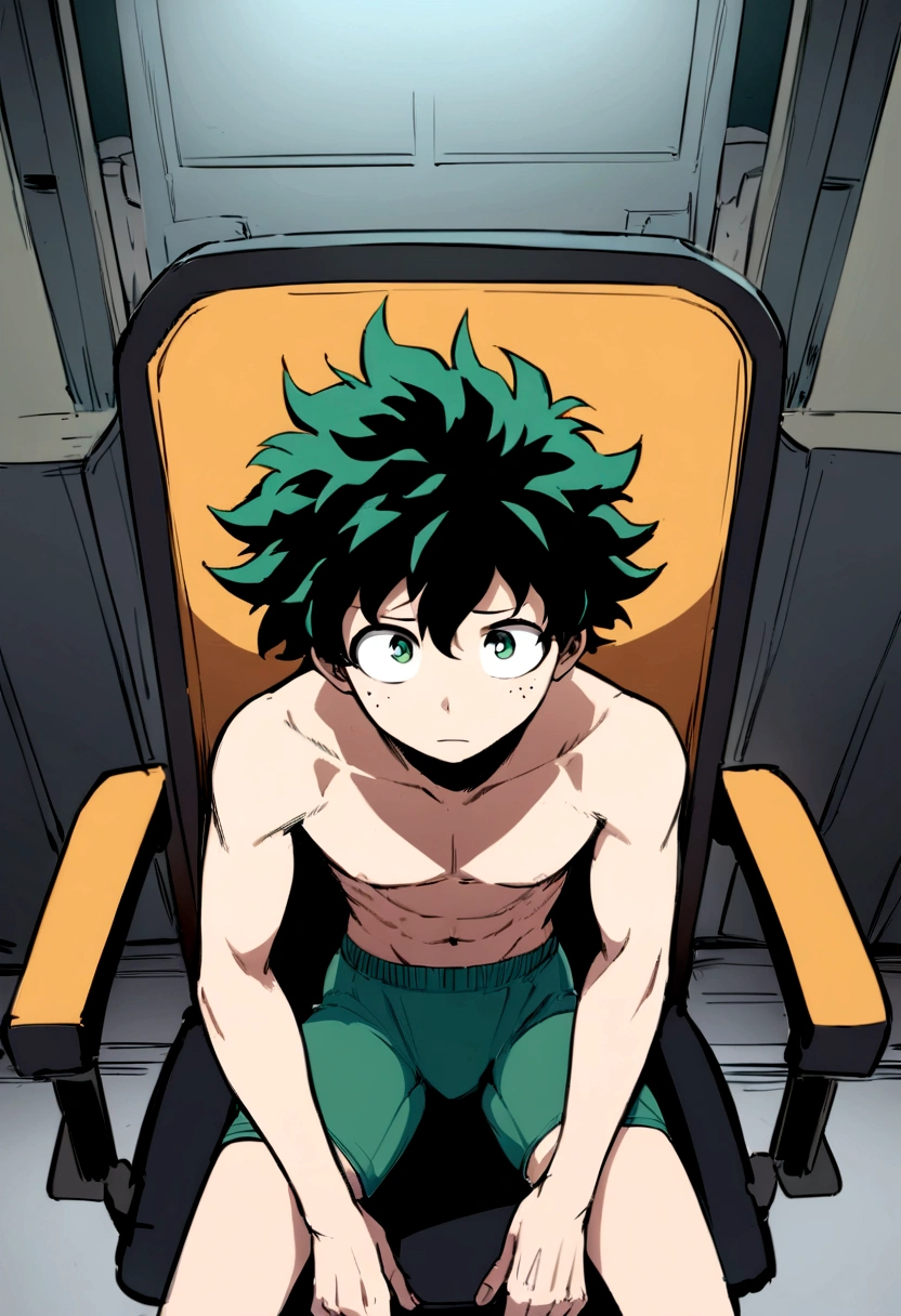 (masterpiece, best quality:1.2), solo, male focus, 1boy, midoriya izuku, short green hair, green eyes, no shirt, no pants, wearing green boxer briefs, teenager, toned slender body, domed helmet with transparent visor over eyes, mind control device, blank expression, mouth hanging open staring straight forwars, relaxed body posture, sitting in chair, anime style, my hero academia style