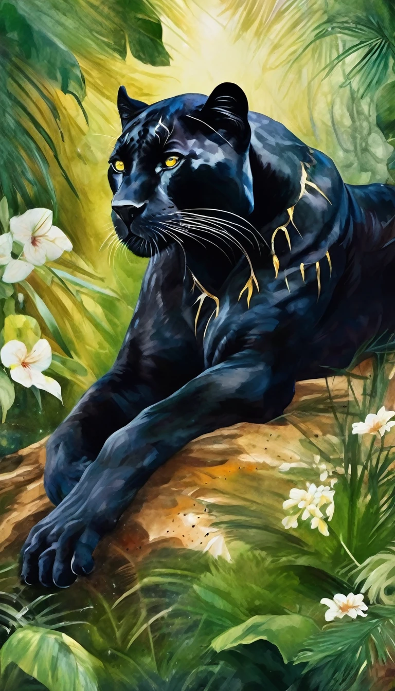 Beautiful black panther lying down, abstraction jungle backdrop, floral, fantasy, african style, beautiful, realistic, green, white, golden fibers, drops, balls, swirls, sparks, high octane, watercolor paint, a closeup of a